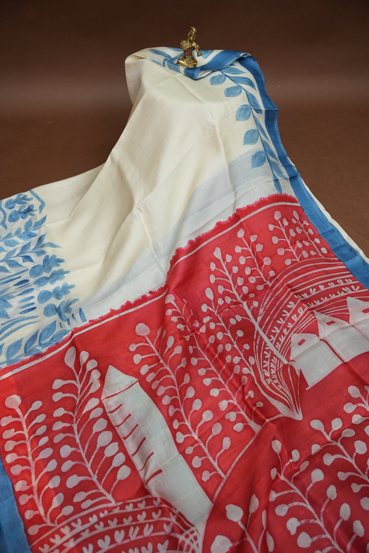 Pure Mulberry Silk Saree in Half White with Handmade Block Print | Silk Mark Certified