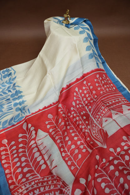 Pure Mulberry Silk Saree in Half White with Handmade Block Print | Silk Mark Certified
