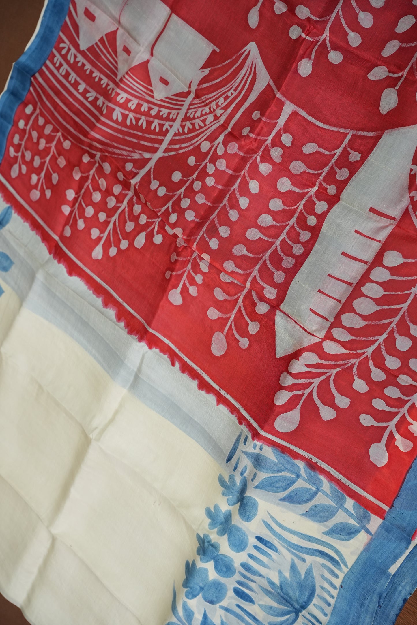 Pure Mulberry Silk Saree in Half White with Handmade Block Print | Silk Mark Certified