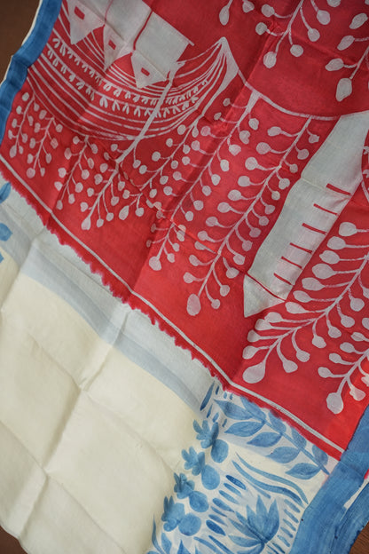 Pure Mulberry Silk Saree in Half White with Handmade Block Print | Silk Mark Certified