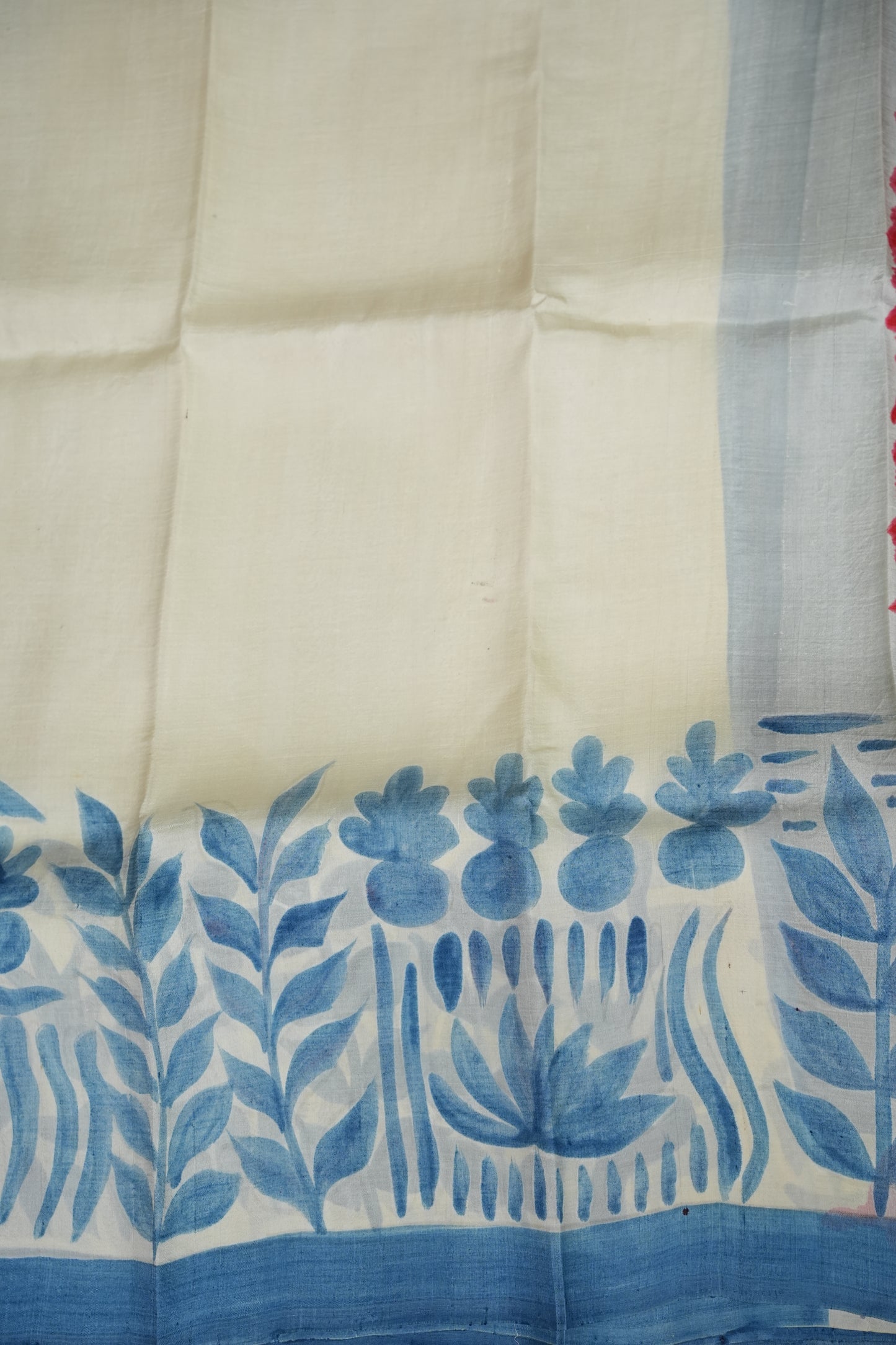Pure Mulberry Silk Saree in Half White with Handmade Block Print | Silk Mark Certified