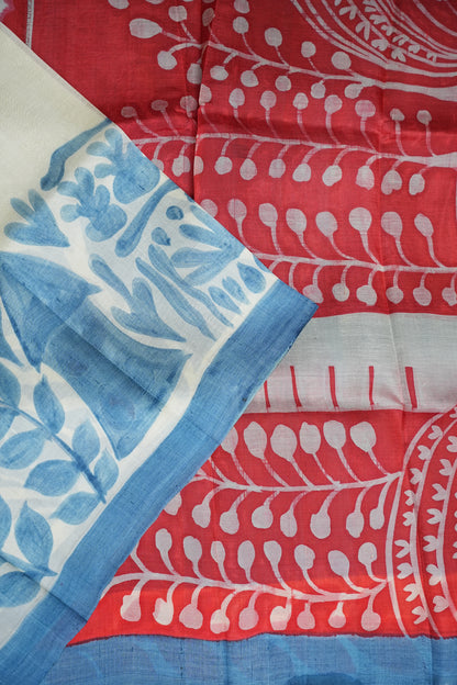 Pure Mulberry Silk Saree in Half White with Handmade Block Print | Silk Mark Certified