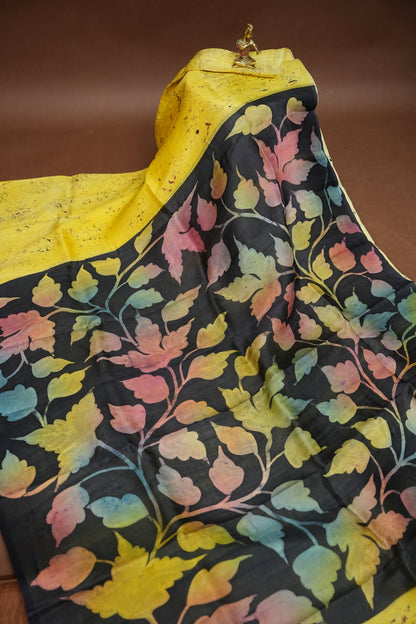 Pure Mulberry Silk Saree in Lemon Yellow with Botanical Batik Print | Silk Mark Certified