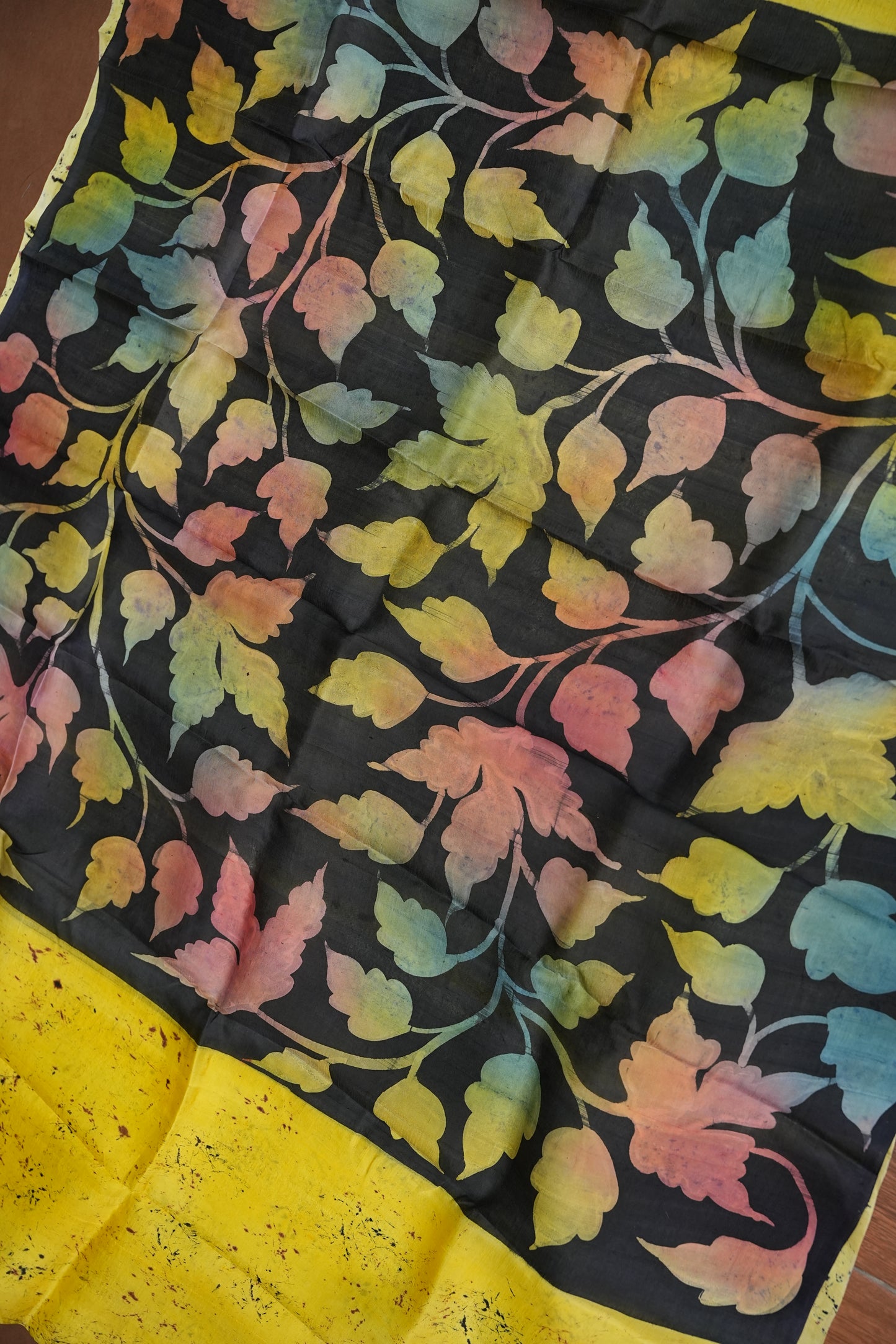 Pure Mulberry Silk Saree in Lemon Yellow with Botanical Batik Print | Silk Mark Certified