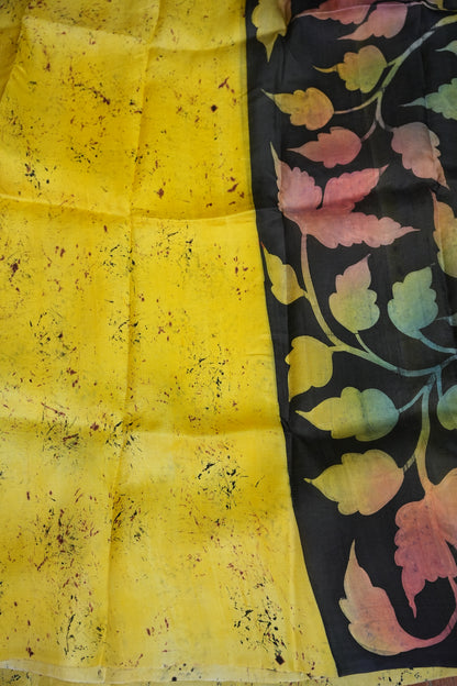 Pure Mulberry Silk Saree in Lemon Yellow with Botanical Batik Print | Silk Mark Certified
