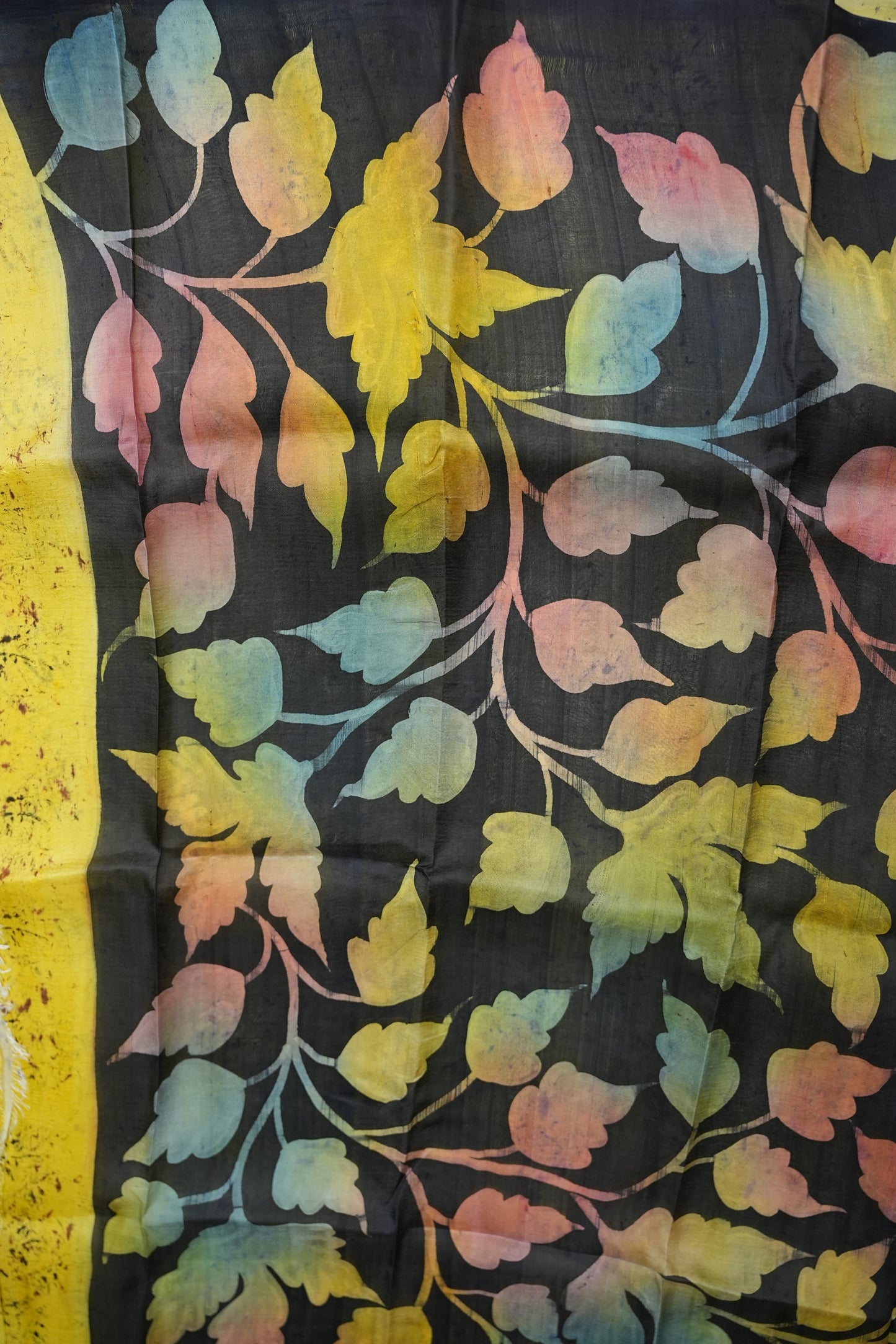 Pure Mulberry Silk Saree in Lemon Yellow with Botanical Batik Print | Silk Mark Certified