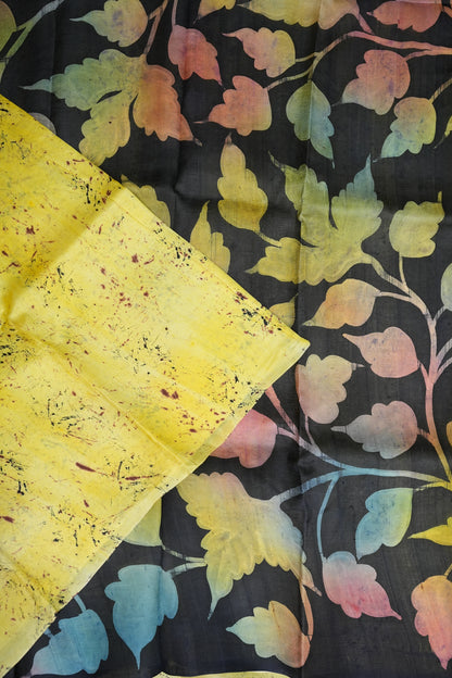 Pure Mulberry Silk Saree in Lemon Yellow with Botanical Batik Print | Silk Mark Certified