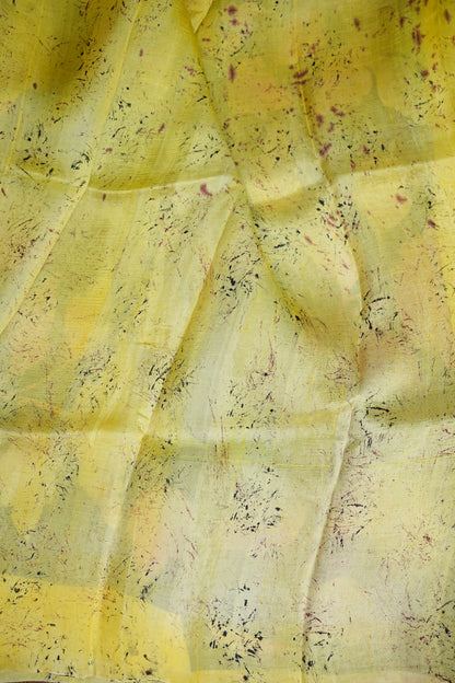 Pure Mulberry Silk Saree in Lemon Yellow with Botanical Batik Print | Silk Mark Certified