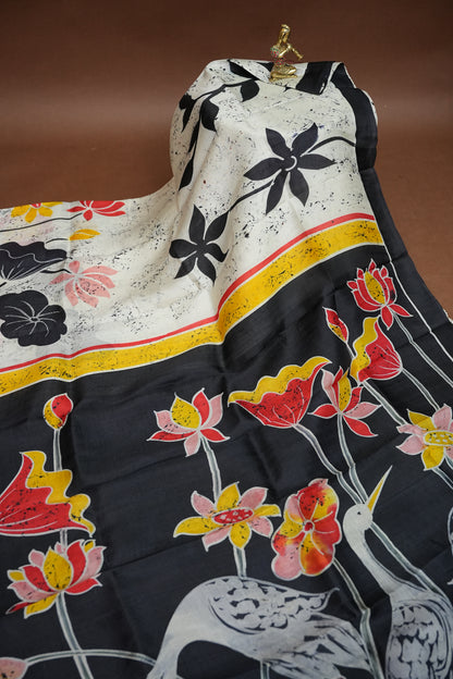 Pure Mulberry Silk Saree in Black & Ivory with Crane & Lotus Batik Print | Silk Mark Certified