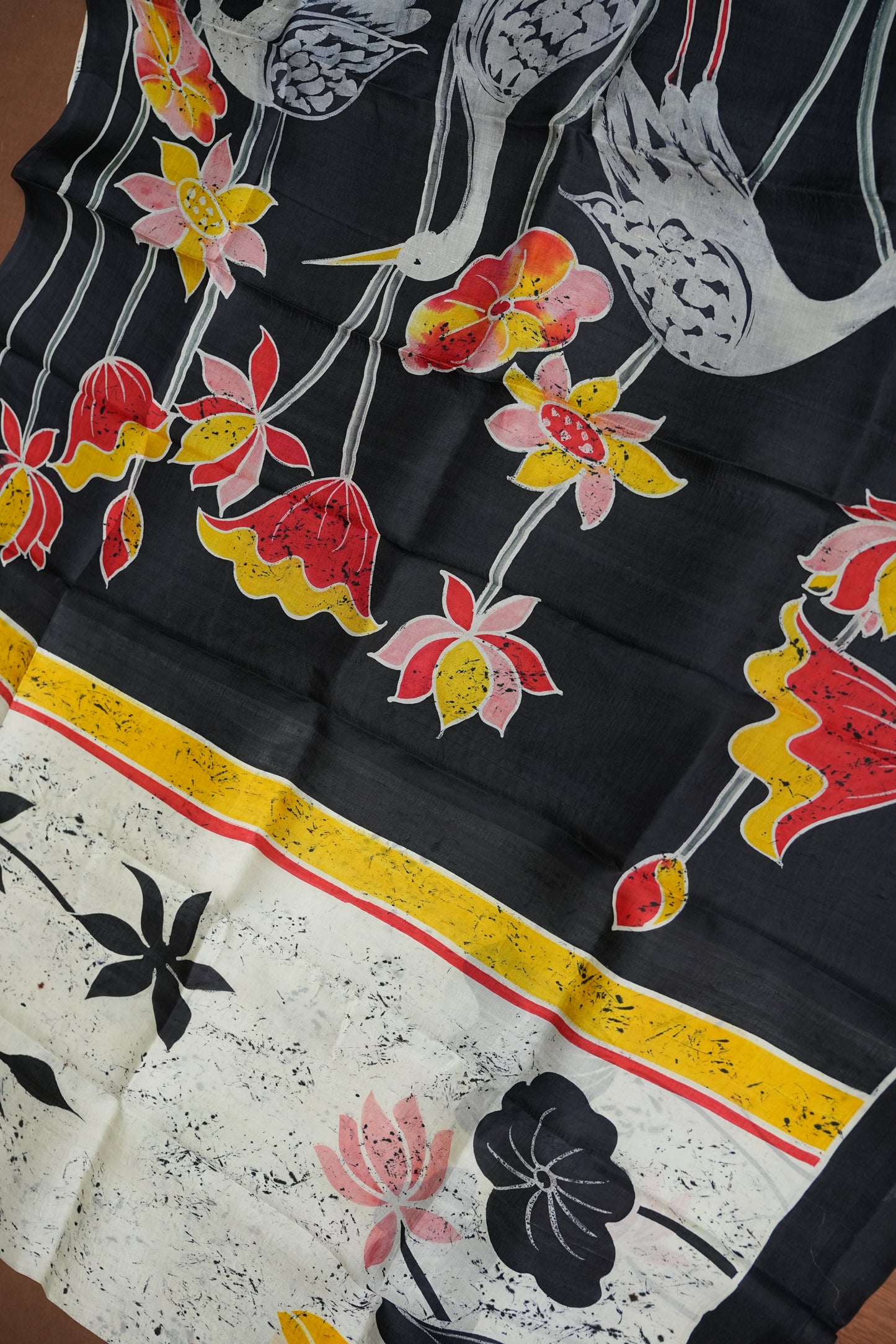 Pure Mulberry Silk Saree in Black & Ivory with Crane & Lotus Batik Print | Silk Mark Certified