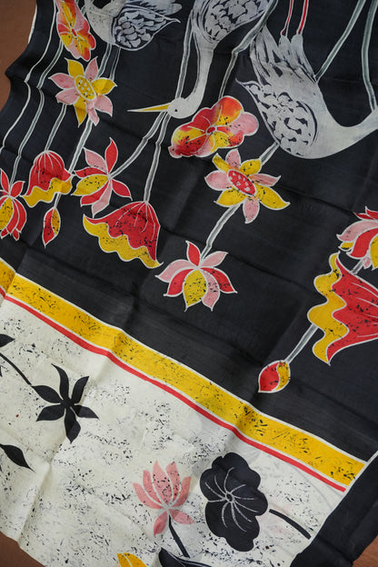 Pure Mulberry Silk Saree in Black & Ivory with Crane & Lotus Batik Print | Silk Mark Certified