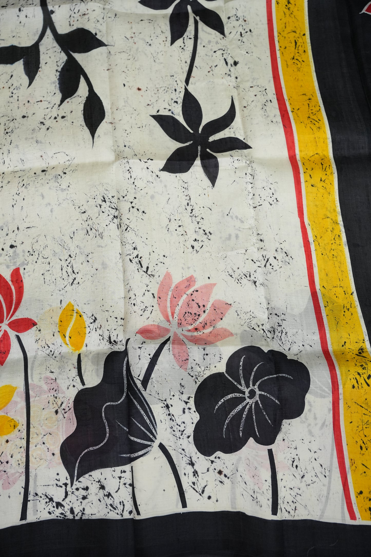 Pure Mulberry Silk Saree in Black & Ivory with Crane & Lotus Batik Print | Silk Mark Certified