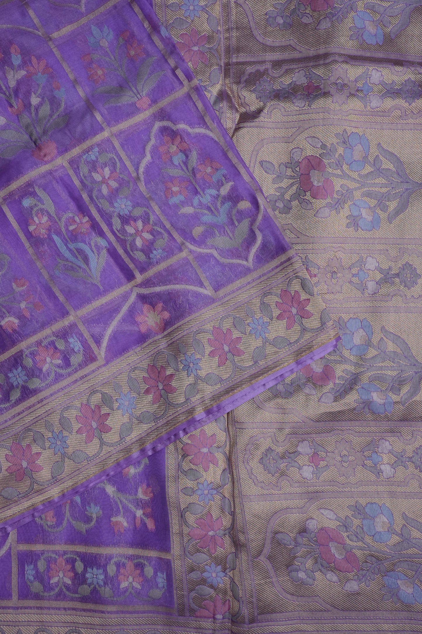 Lavender Woven Floral Tussar Georgette Saree with Zari Border