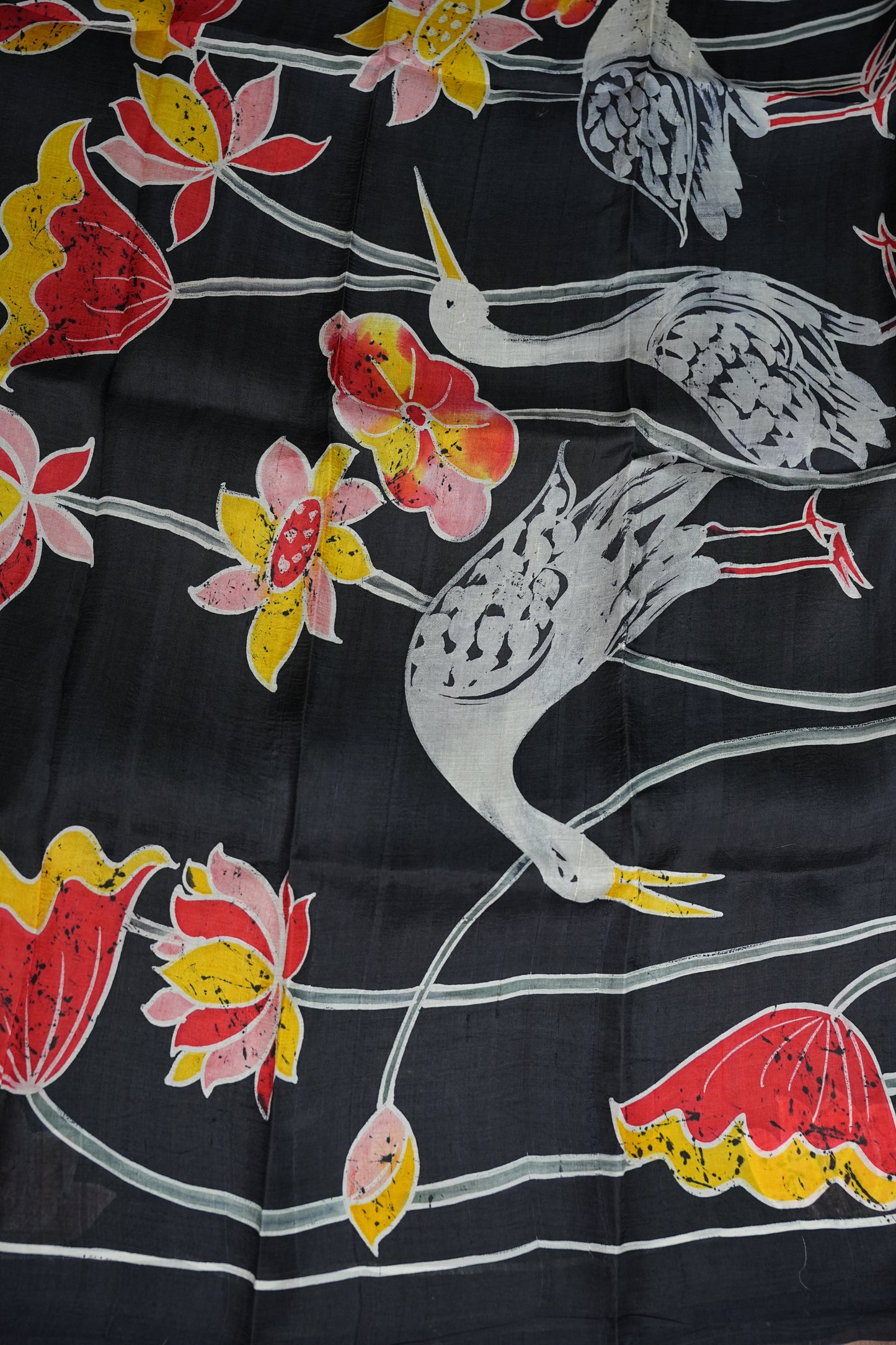 Pure Mulberry Silk Saree in Black & Ivory with Crane & Lotus Batik Print | Silk Mark Certified