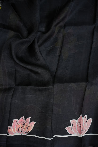 Pure Mulberry Silk Saree in Black & Ivory with Crane & Lotus Batik Print | Silk Mark Certified