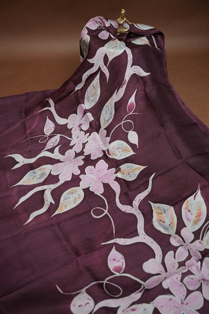 Pure Mulberry Silk Saree in Chocolate Brown with Floral Batik Print | Silk Mark Certified