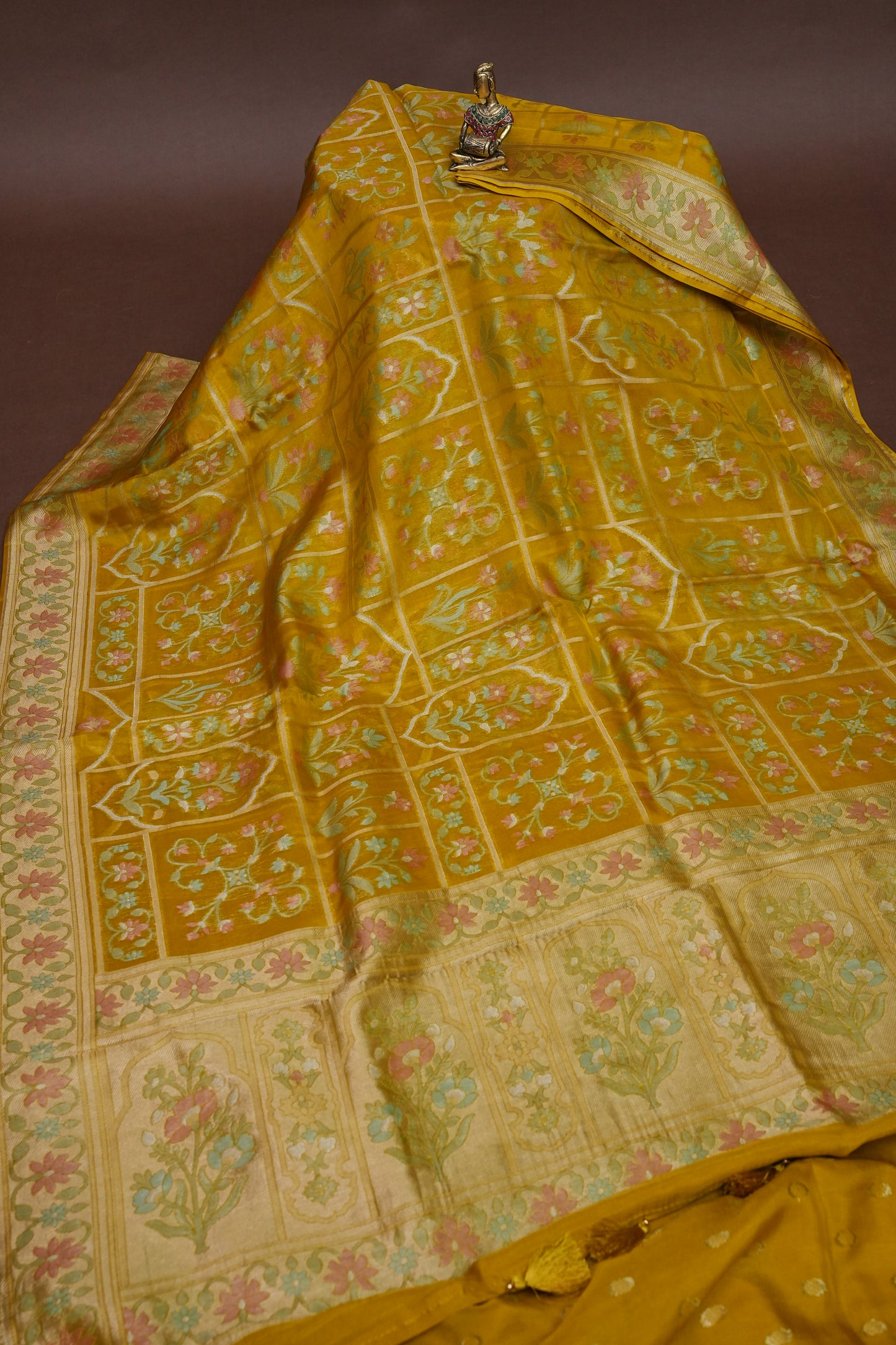 Mustard Yellow Woven Floral Tussar Georgette Saree with Zari Border