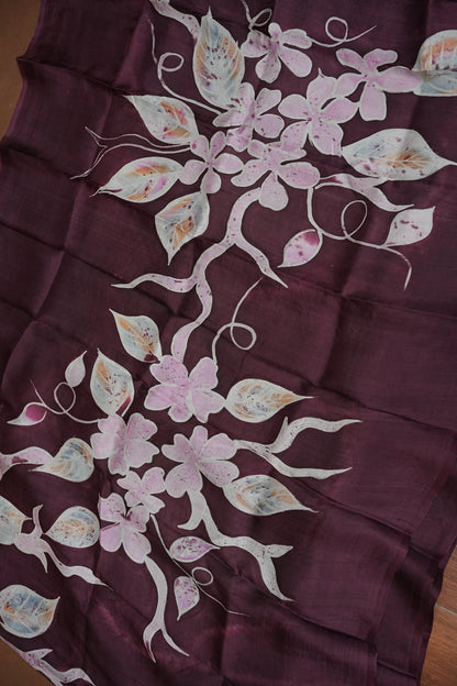 Pure Mulberry Silk Saree in Chocolate Brown with Floral Batik Print | Silk Mark Certified