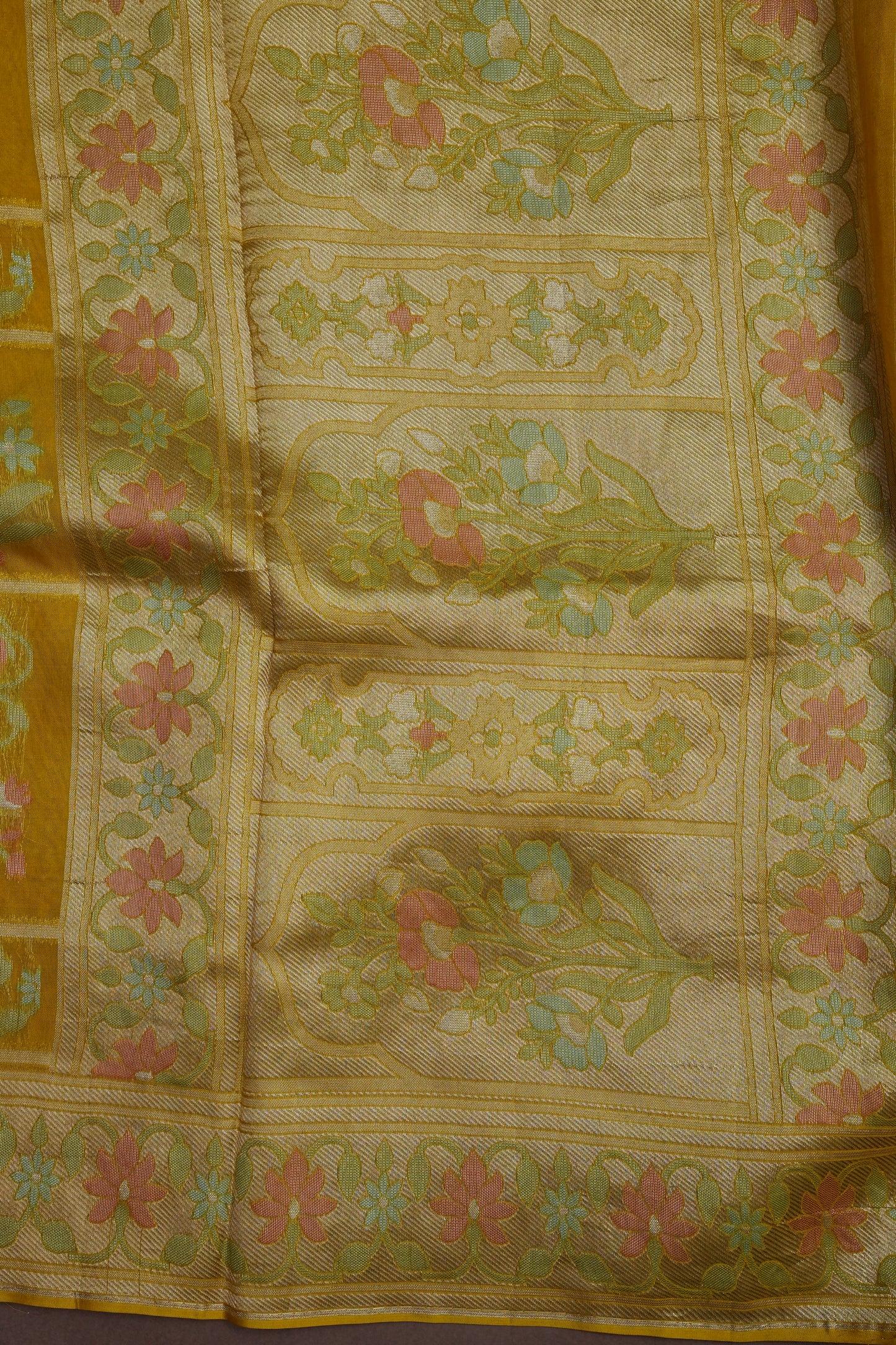 Mustard Yellow Woven Floral Tussar Georgette Saree with Zari Border