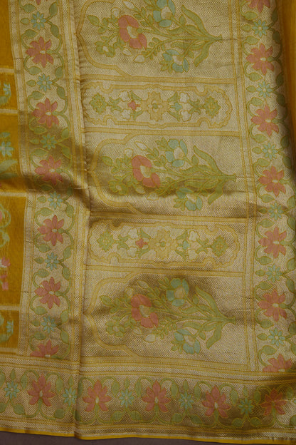 Mustard Yellow Woven Floral Tussar Georgette Saree with Zari Border