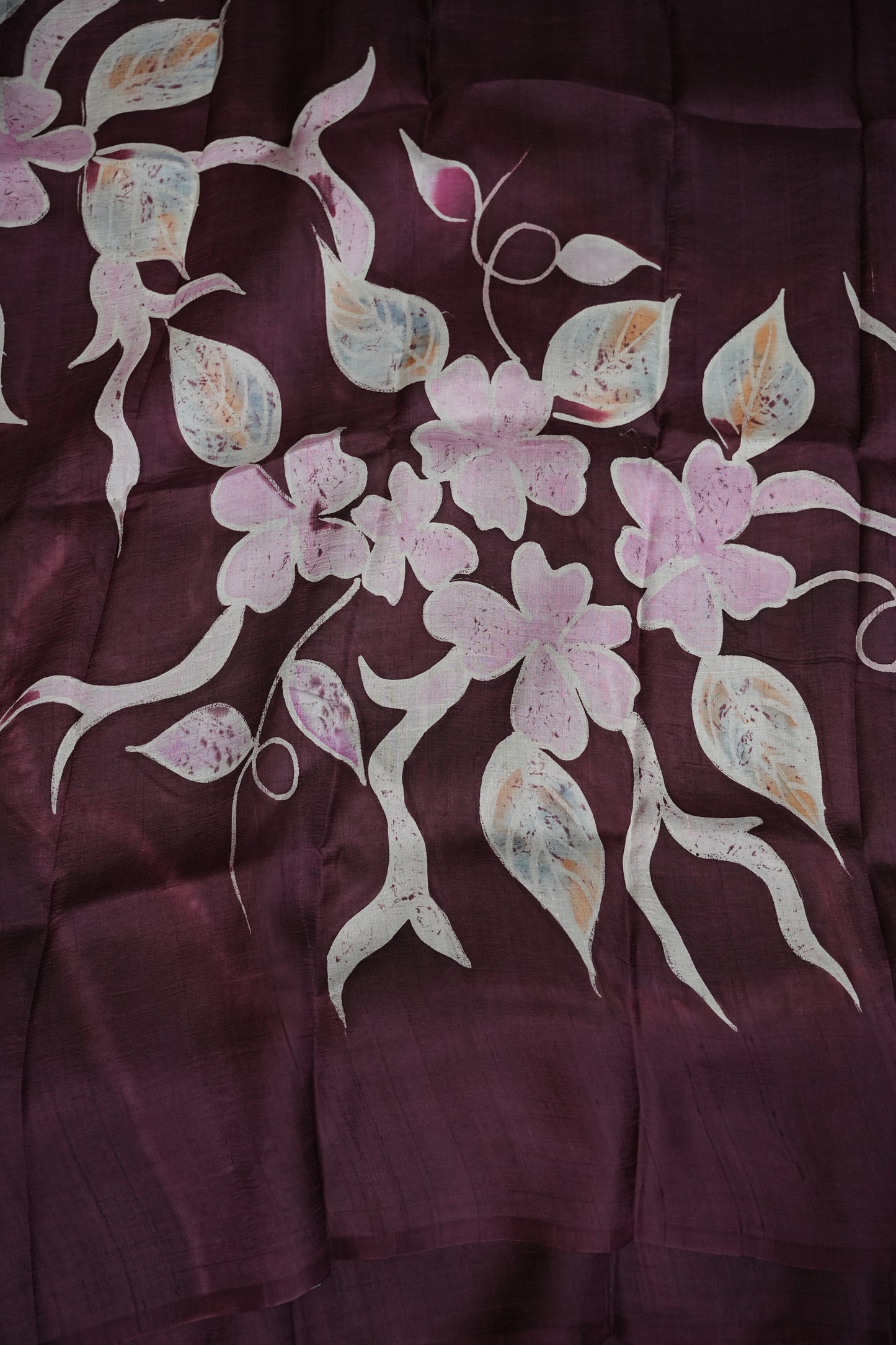 Pure Mulberry Silk Saree in Chocolate Brown with Floral Batik Print | Silk Mark Certified