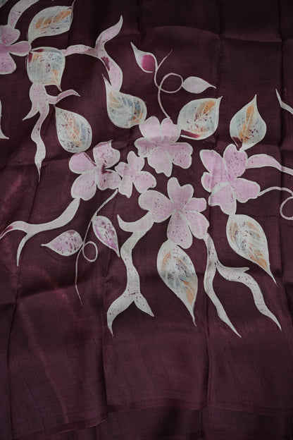 Pure Mulberry Silk Saree in Chocolate Brown with Floral Batik Print | Silk Mark Certified