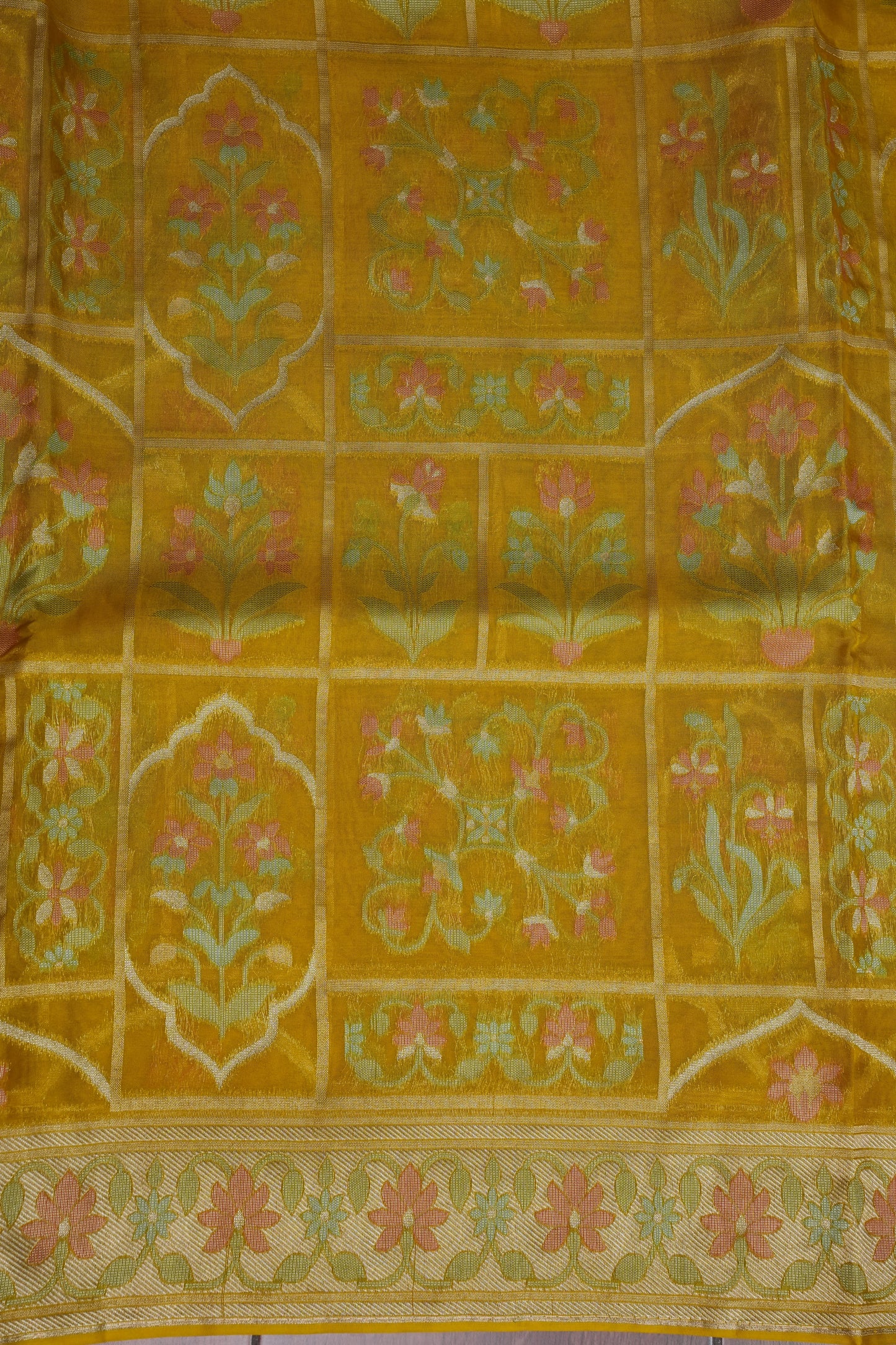 Mustard Yellow Woven Floral Tussar Georgette Saree with Zari Border