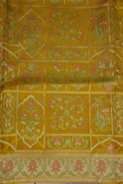 Mustard Yellow Woven Floral Tussar Georgette Saree with Zari Border