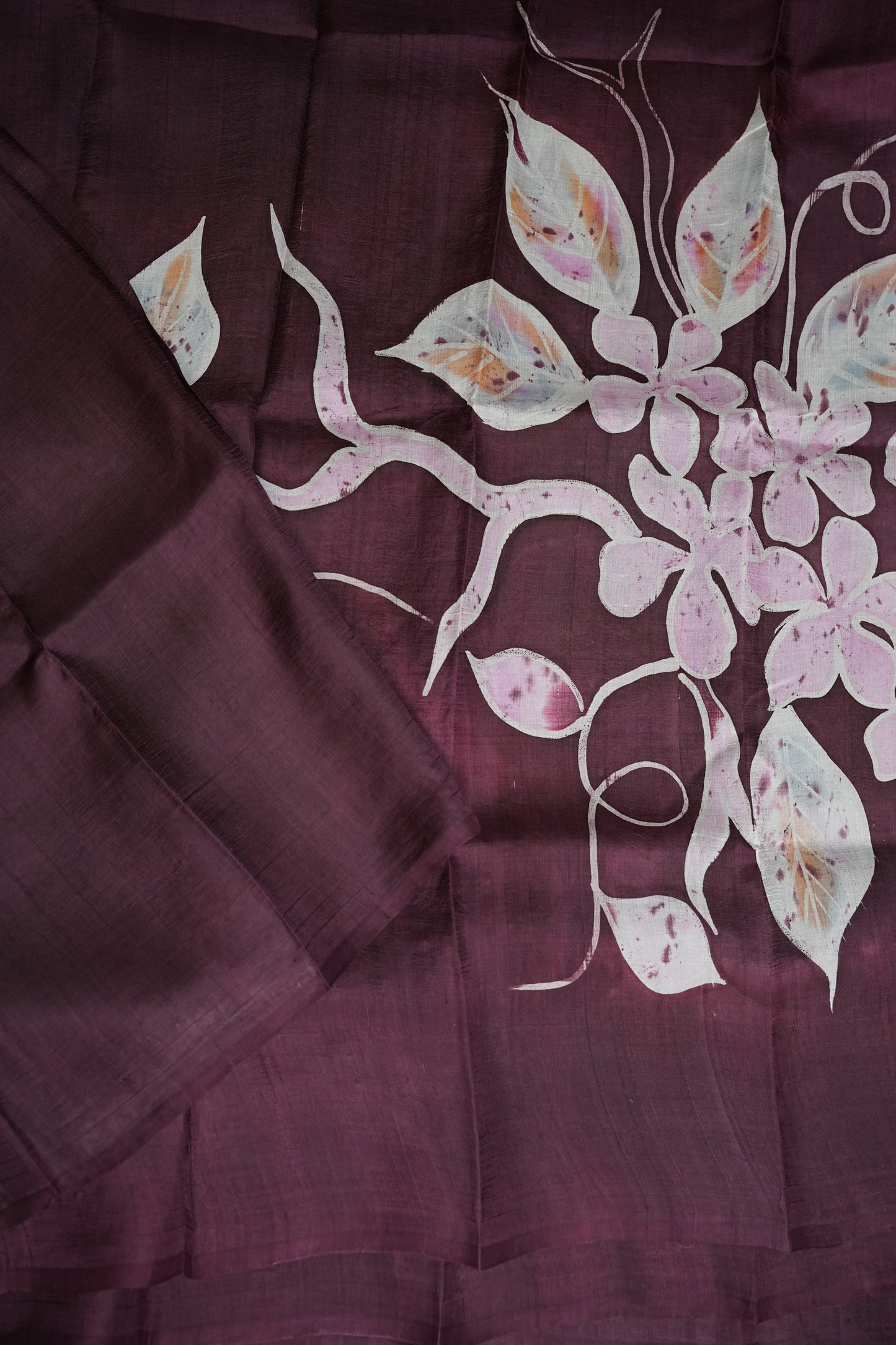 Pure Mulberry Silk Saree in Chocolate Brown with Floral Batik Print | Silk Mark Certified
