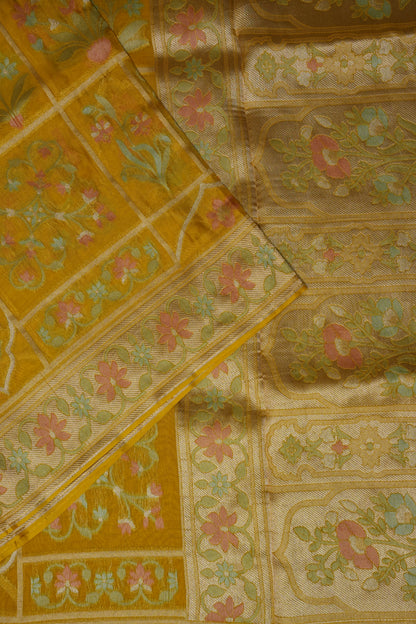Mustard Yellow Woven Floral Tussar Georgette Saree with Zari Border
