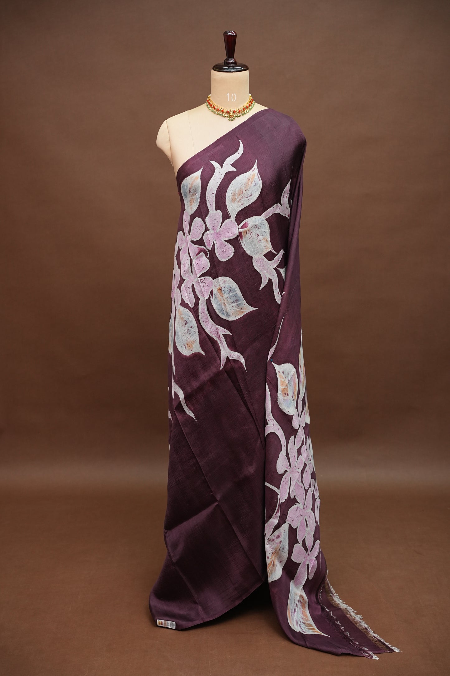 Pure Mulberry Silk Saree in Chocolate Brown with Floral Batik Print | Silk Mark Certified