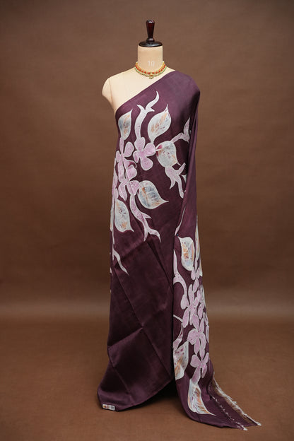 Pure Mulberry Silk Saree in Chocolate Brown with Floral Batik Print | Silk Mark Certified