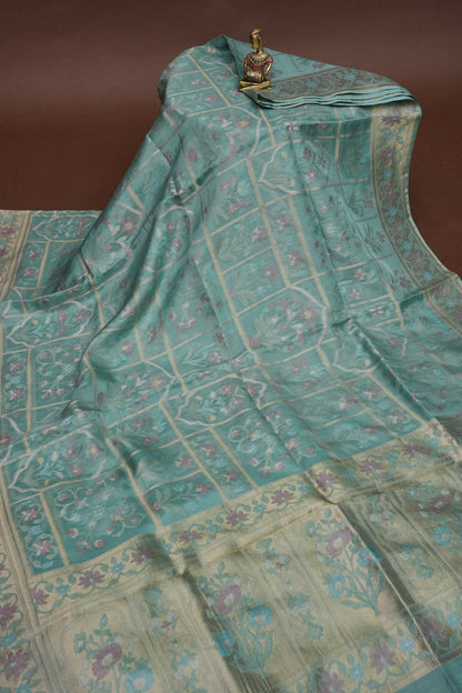 Sea Green Woven Floral Tussar Georgette Saree with Zari Border