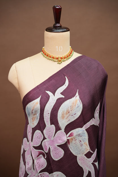 Pure Mulberry Silk Saree in Chocolate Brown with Floral Batik Print | Silk Mark Certified