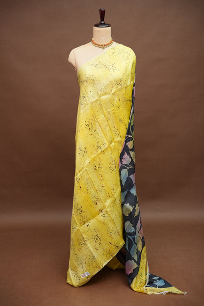 Pure Mulberry Silk Saree in Lemon Yellow with Botanical Batik Print | Silk Mark Certified