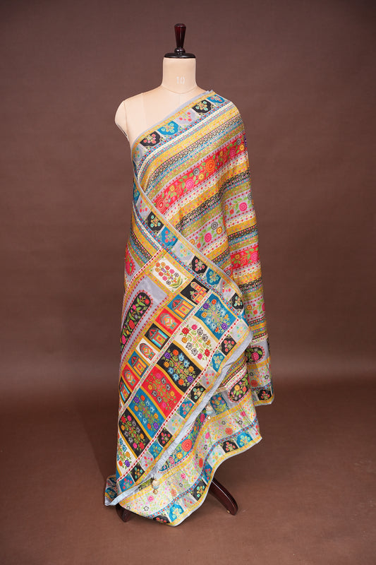Kashmiri Pashmina Story Telling Saree -Multicolor on Grey