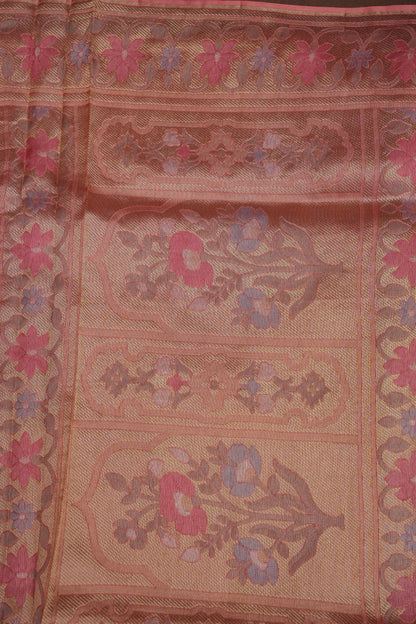 Coral Pink Woven Floral Tussar Georgette Saree with Zari Border
