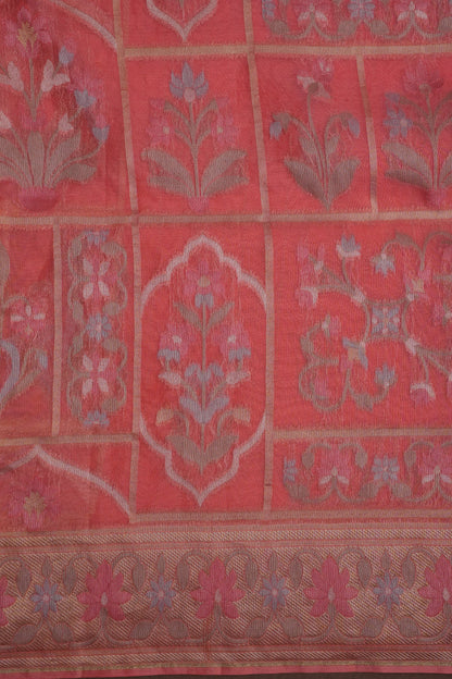 Coral Pink Woven Floral Tussar Georgette Saree with Zari Border