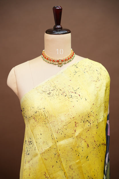 Pure Mulberry Silk Saree in Lemon Yellow with Botanical Batik Print | Silk Mark Certified