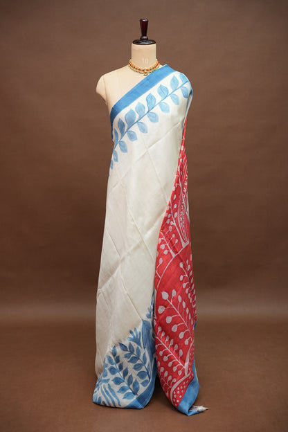 Pure Mulberry Silk Saree in Half White with Handmade Block Print | Silk Mark Certified