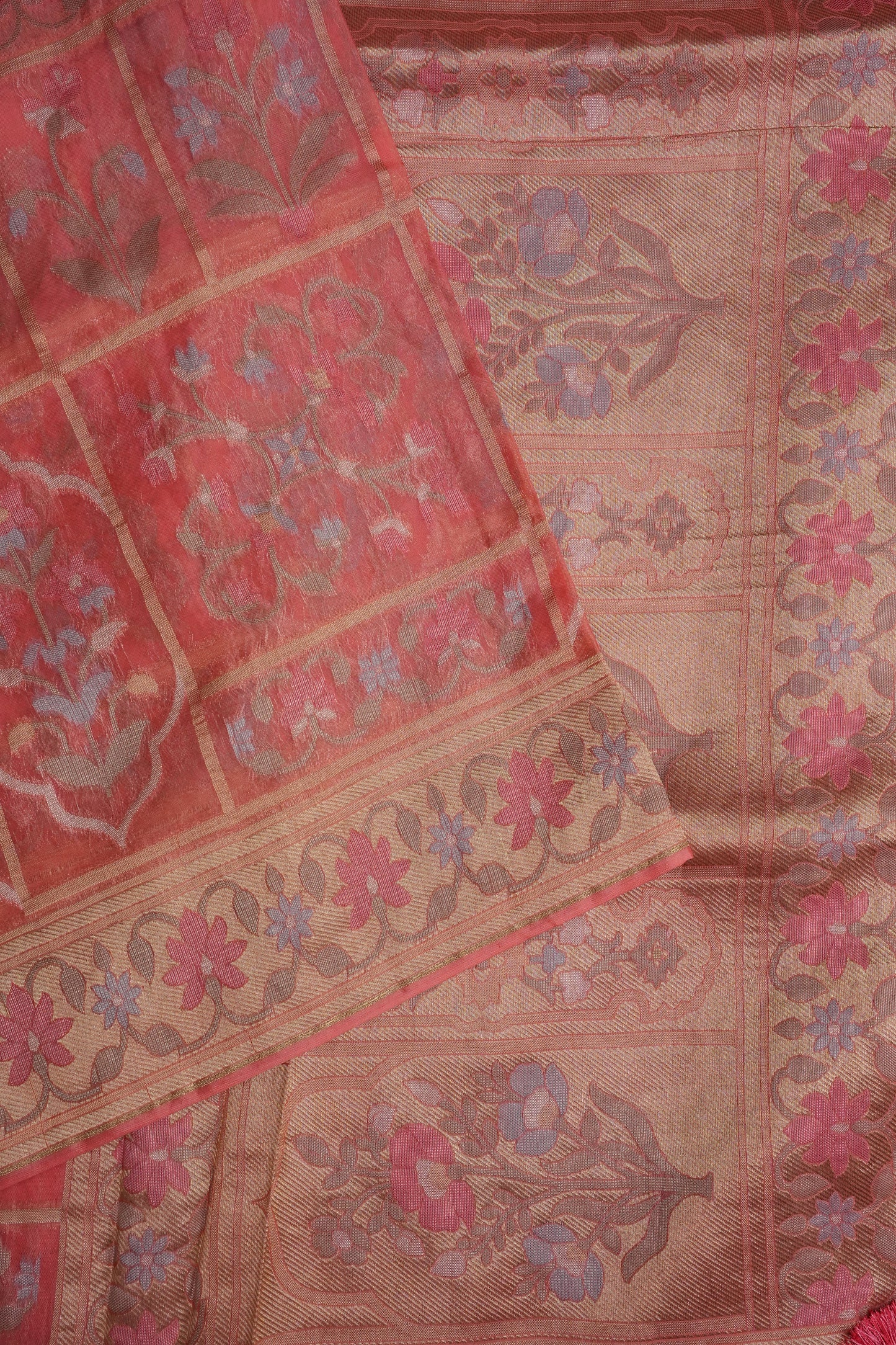 Coral Pink Woven Floral Tussar Georgette Saree with Zari Border