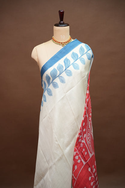 Pure Mulberry Silk Saree in Half White with Handmade Block Print | Silk Mark Certified