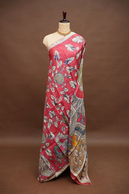 Pure Mulberry Silk Saree in Coral Red with Hand Painted Pen Kalamkari Art | Silk Mark Certified