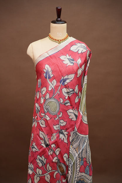 Pure Mulberry Silk Saree in Coral Red with Hand Painted Pen Kalamkari Art | Silk Mark Certified