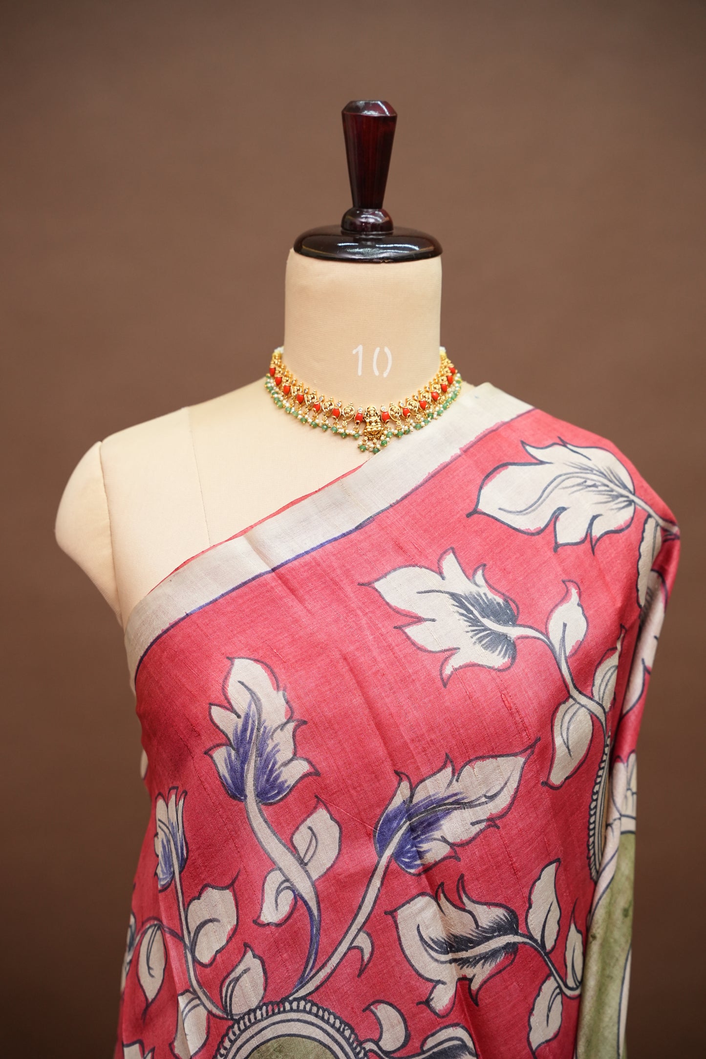 Pure Mulberry Silk Saree in Coral Red with Hand Painted Pen Kalamkari Art | Silk Mark Certified