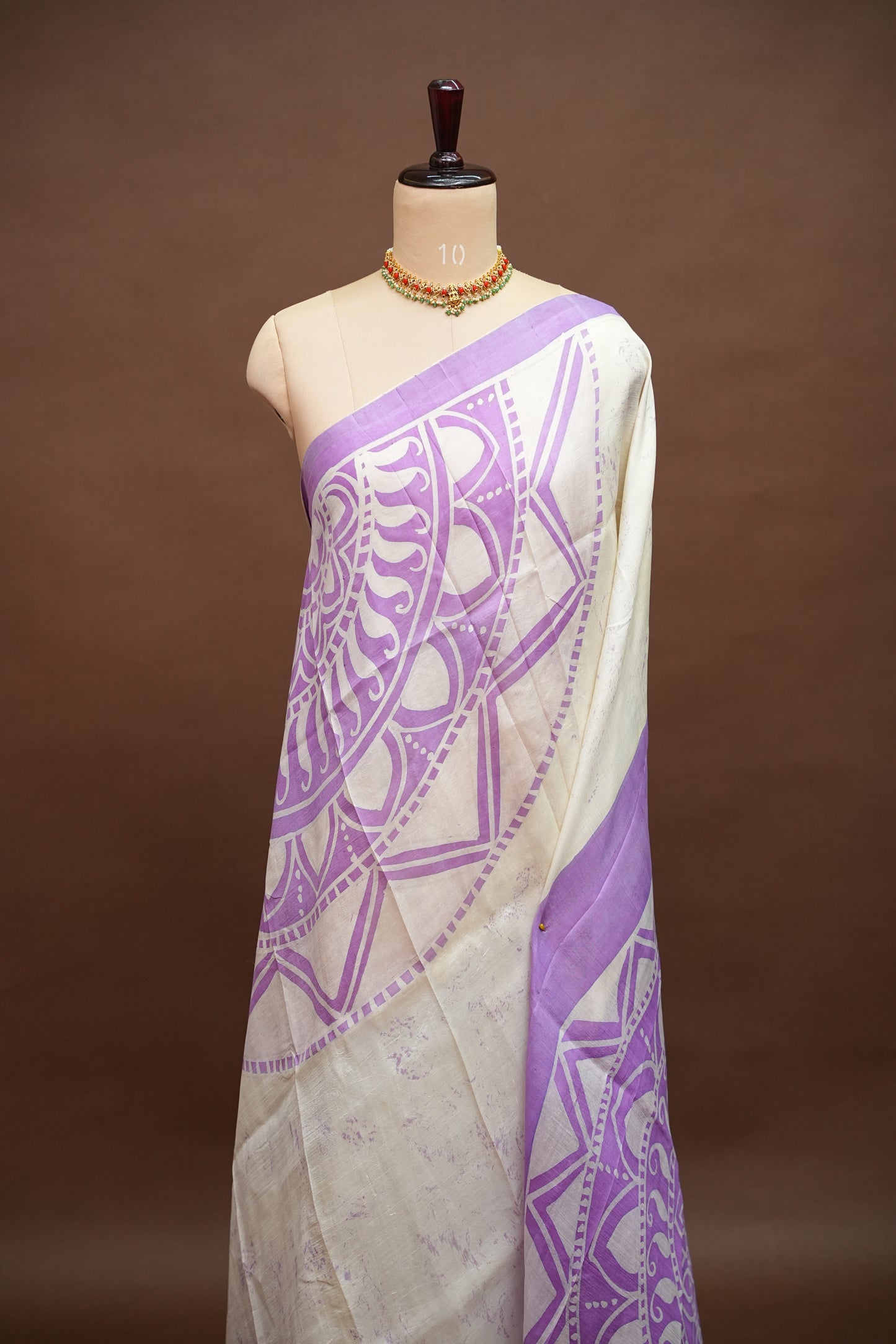 Pure Mulberry Silk Saree in Ivory with Lavender Mandala Batik Print | Silk Mark Certified