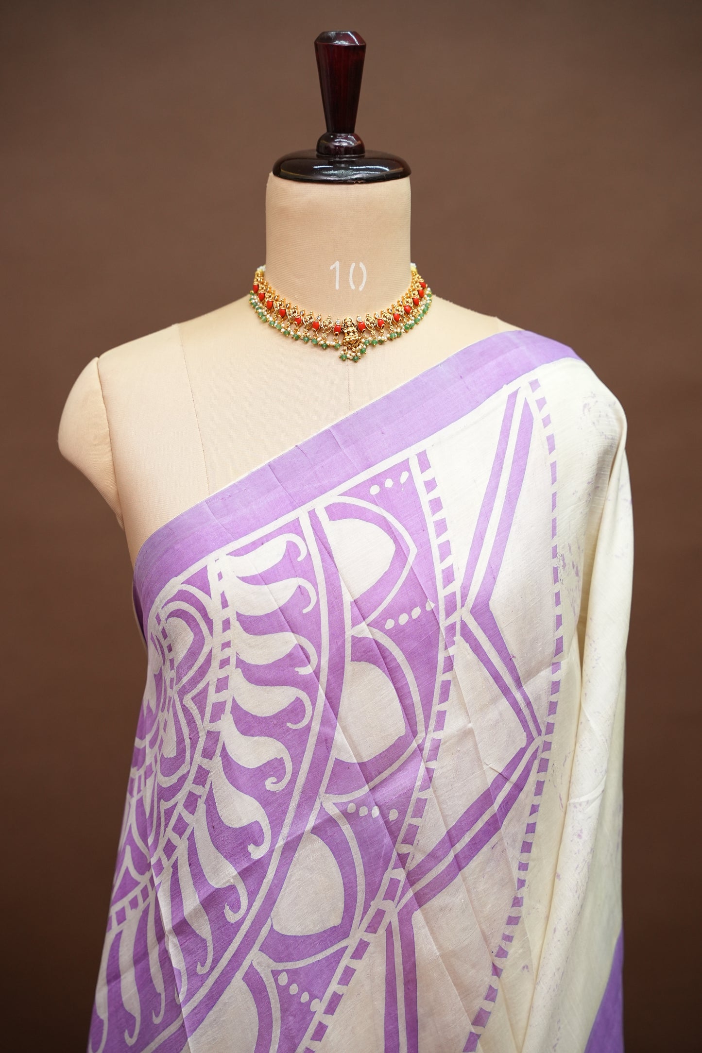 Pure Mulberry Silk Saree in Ivory with Lavender Mandala Batik Print | Silk Mark Certified