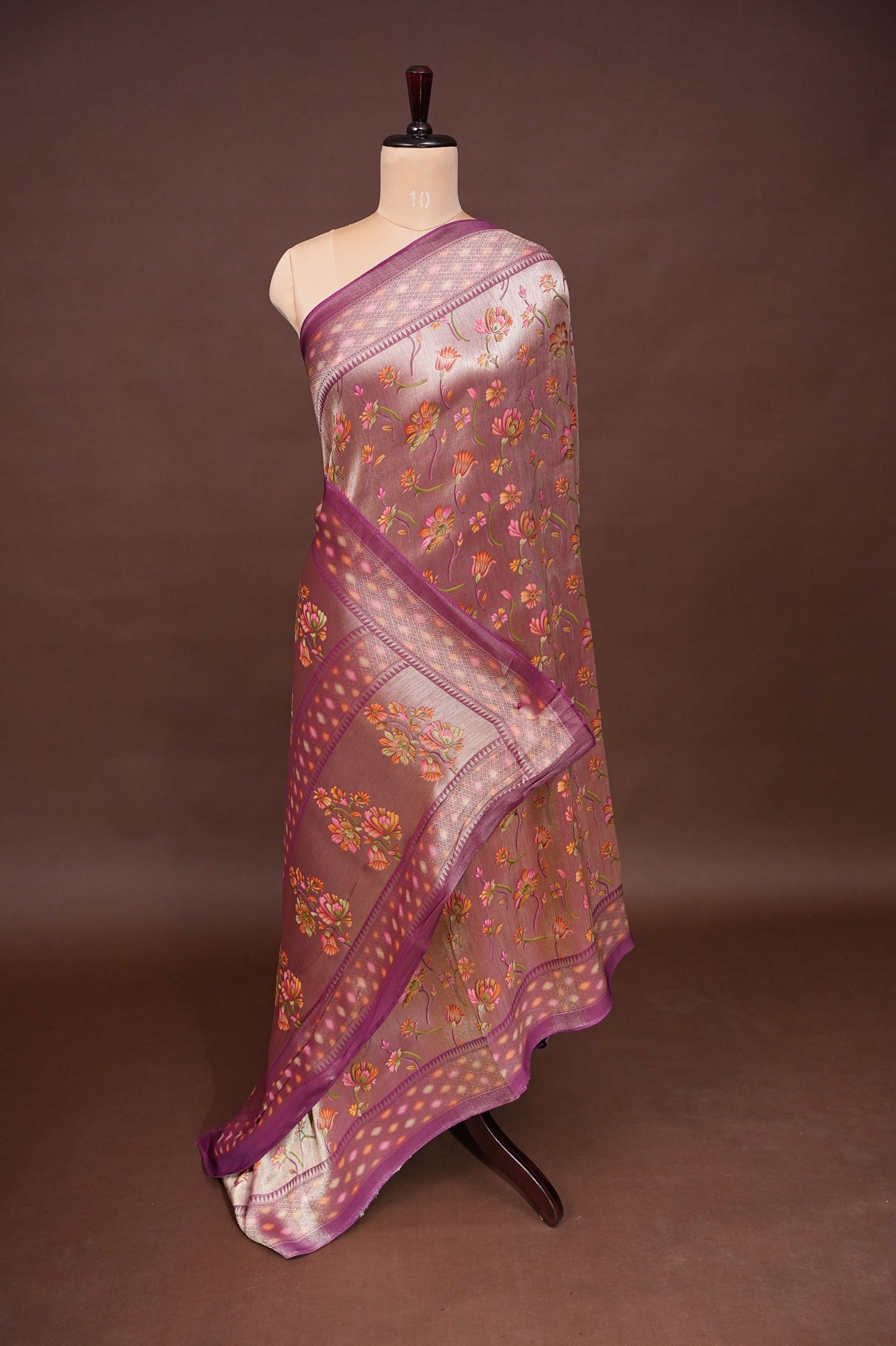 Pure Mellow Tissue Silk Saree with Floral Patterns-Wine