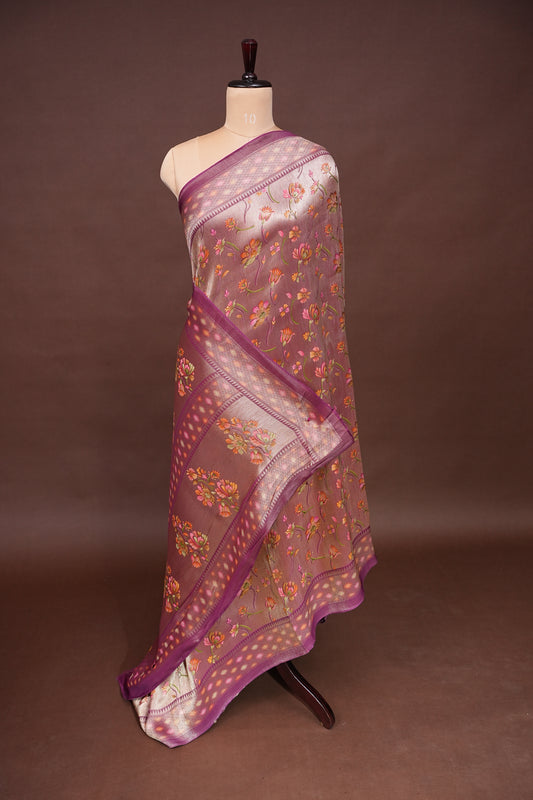 Pure Mellow Tissue Silk Saree with Floral Patterns-Wine