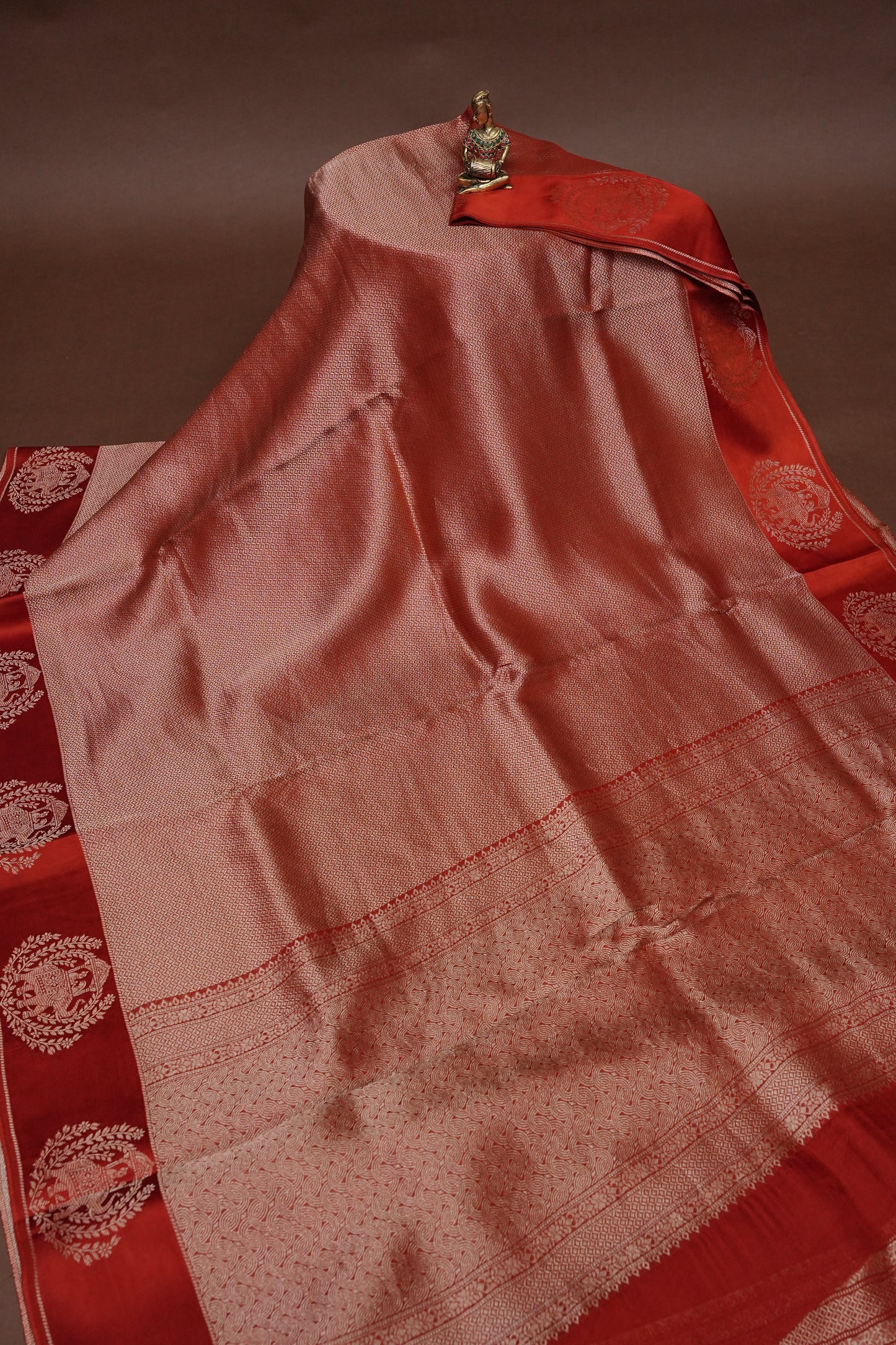Burnt Orange Soft Banarasi Silk Saree with Traditional Elephant Motifs